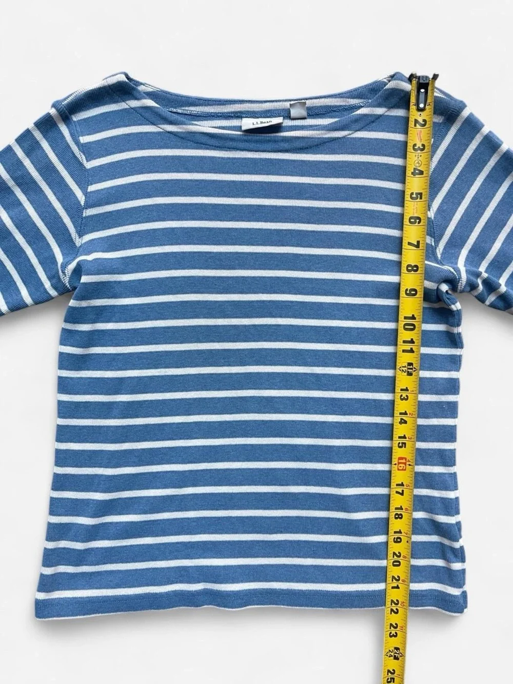 L.L.Bean Blue White Striped 3/4 Sleeves Boatneck 100% Cotton Pullover Sweater MP - Picture 4 of 6
